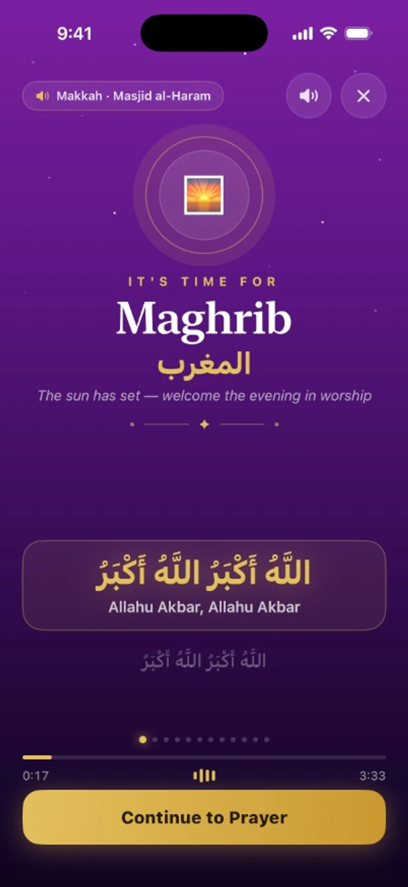 Salam Time Maghrib prayer-call screen with audio controls
