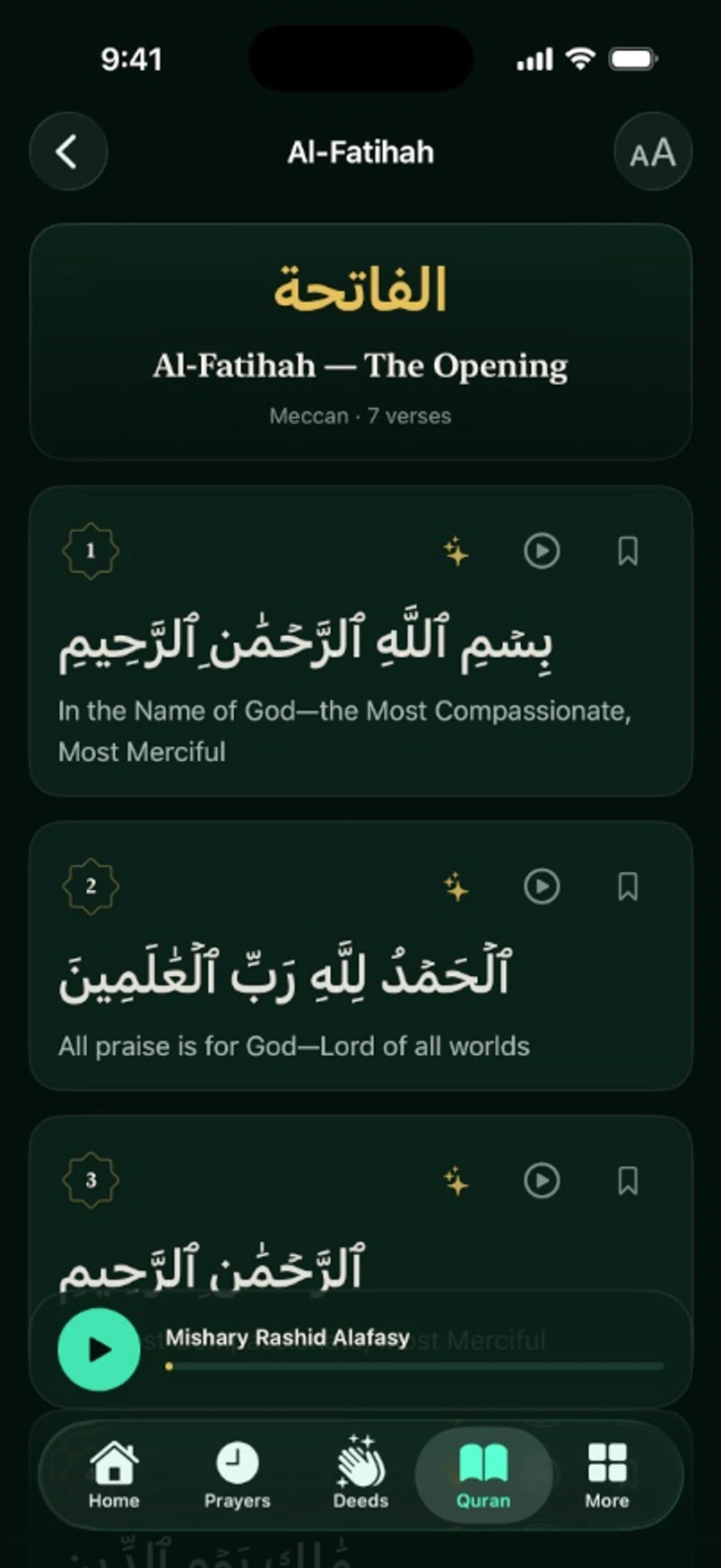 Salam Time Quran reader showing Al-Fatihah with translation and audio
