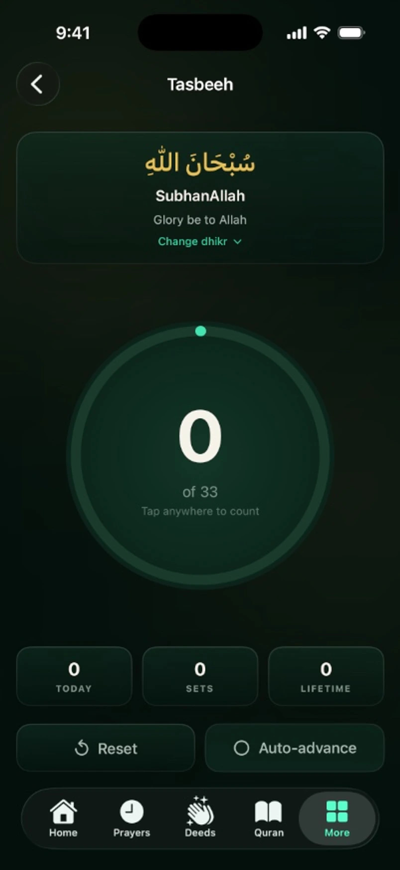 Salam Time tasbeeh counter with dhikr progress